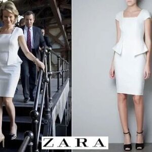 Zara Womens Neutral Cream Cap Sleeve Belted Peplum Mini Pencil Dress Size Medium